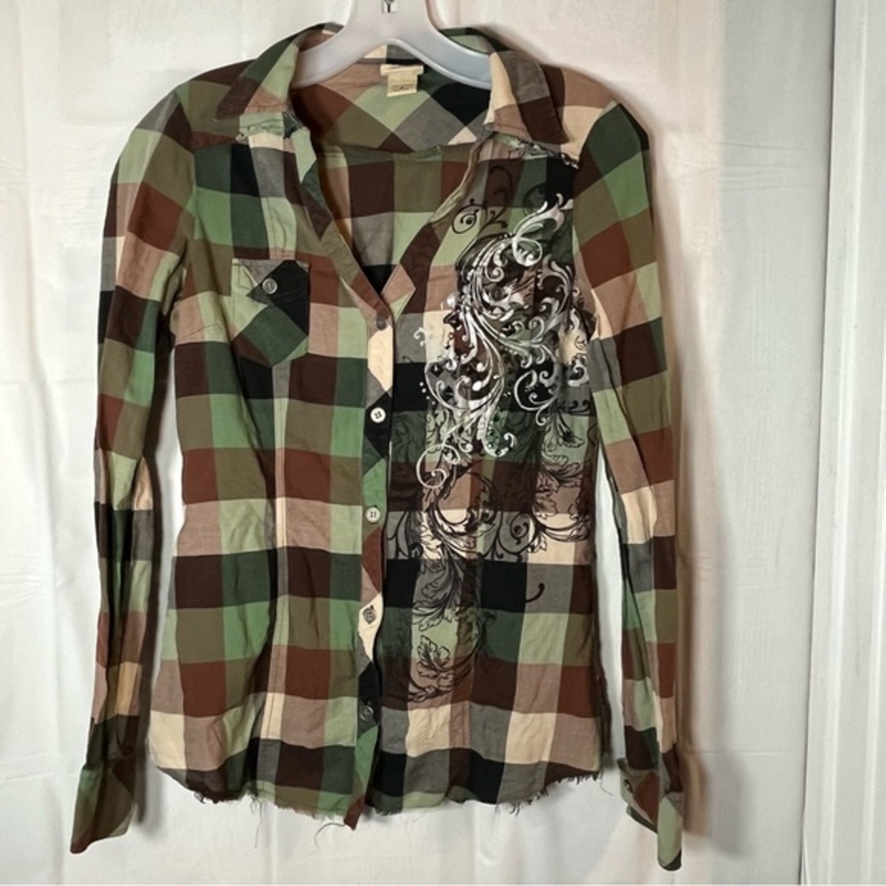Daytrip Patchwork Plaid Button Down Top Womens Size Small Biker Grunge Studded